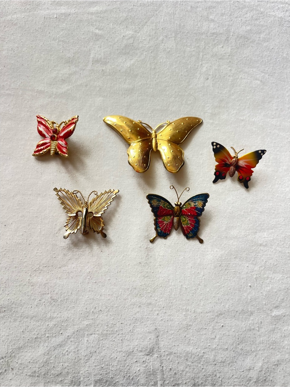 Lot of 5 Vintage Butterfly Brooch Lot - Gold & Multicolor Enamel